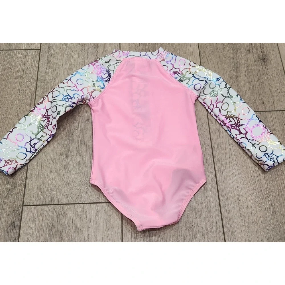 Toddler Girls Pink Hearts Flowers One Piece Swimsuit Rash Guard‎ Size 2T